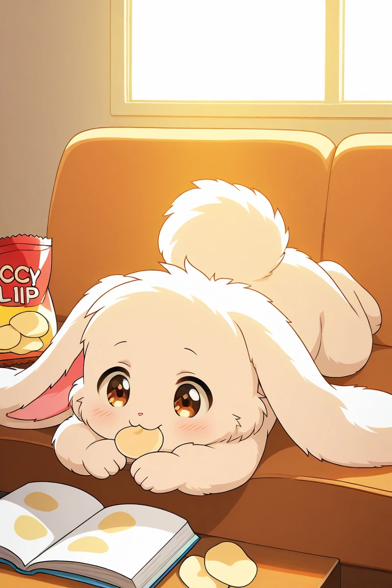 cute fluffy rabbit, lying on a sofa, eating potato chips, lazy pose, relaxed expression, soft fur, cozy indoor room, sunlight streaming through window, opened chip bag, daytime, slice of life, anime style, storybook illustration, adorable, humorous, soft lighting, highly detailed, warm color tones
