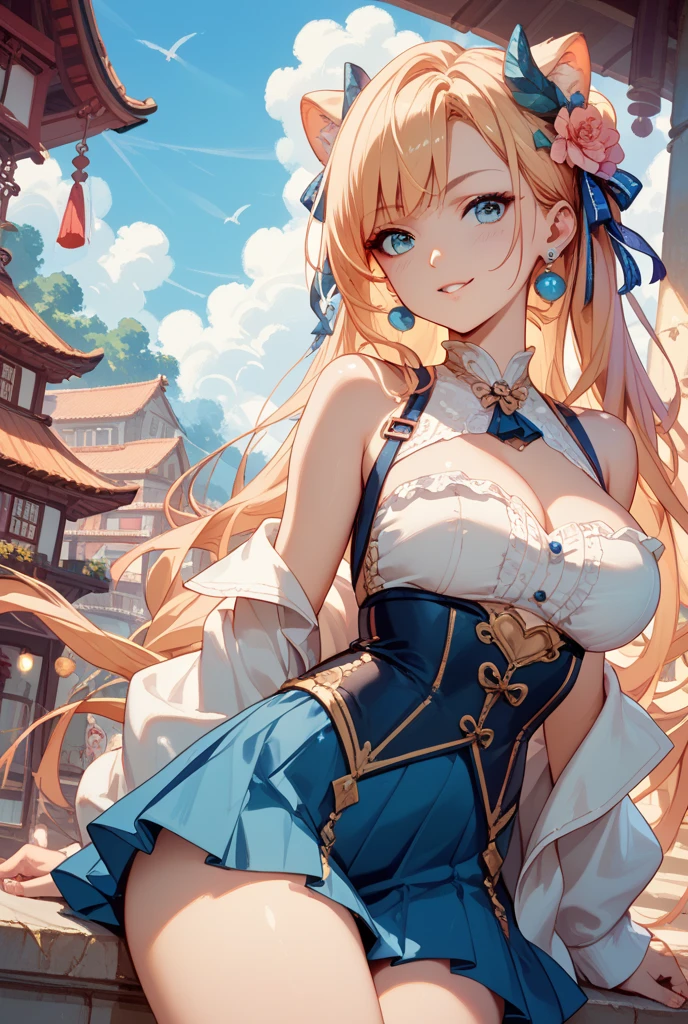 Masterpiece、Highest quality、Super detailed、1 girl、Blonde、Twin tails、Fluffy and soft long hair、Big Tits、Cleavage、Chinese Fantasy Palace、String Panties、Chinese clothing、A chest that looks like it is about to burst、smile、Aquamarine Eyes、No bra
