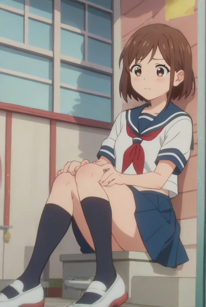 1girl, (torn blue school outfit), (torn white panties), (torn skirt) , ((big nude ass)), hanging up,surprised, blushing, green eyes, brown hair, forest background, (bitten by wolf)