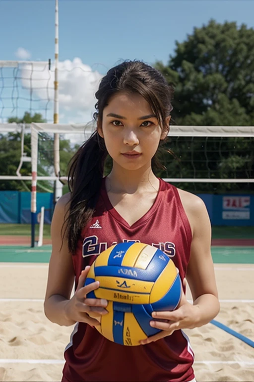 ((Track and field athlete、White sportswear、Sleeveless,Sweaty))、Cute Japanese Woman、24-years-old、high school girl、Young girl、Has bangs、Ample breasts,Small cleavage、Plump Ass,smile、double eyelid、Sweat,((Cameltoe:1.5))、(Beach)、((Hold the volleyball by your side:1.4)),(Beachバレーコート:1.4),Staring at the camera