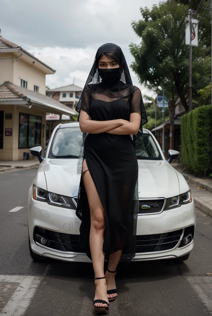 Malaysia woman, hijab, plump woman, arafed woman in a white dress standing next to a car, high quality picture,