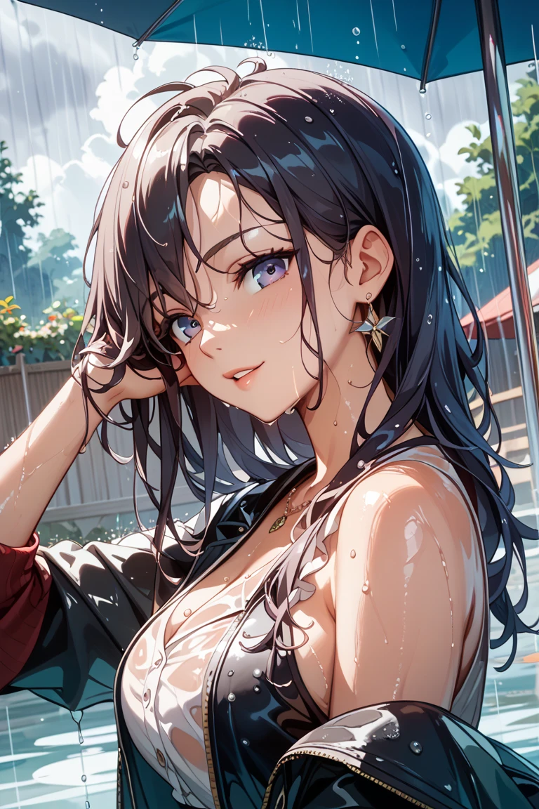 (masterpiece, best quality:1.4), 1 girl, 独奏, Heterochromia, Delicate pupils, Blurred eyes, Close your left eye, Smile, Profile,Tilt your head back 45 degrees, Right tear mole, (Black hair:1.2), Shiny hairstyle, huge breasts, Mini Girls, Backlight, Rainy Day, Black sexy evening dress, Works by top portrait painters, Black and white gradient background.