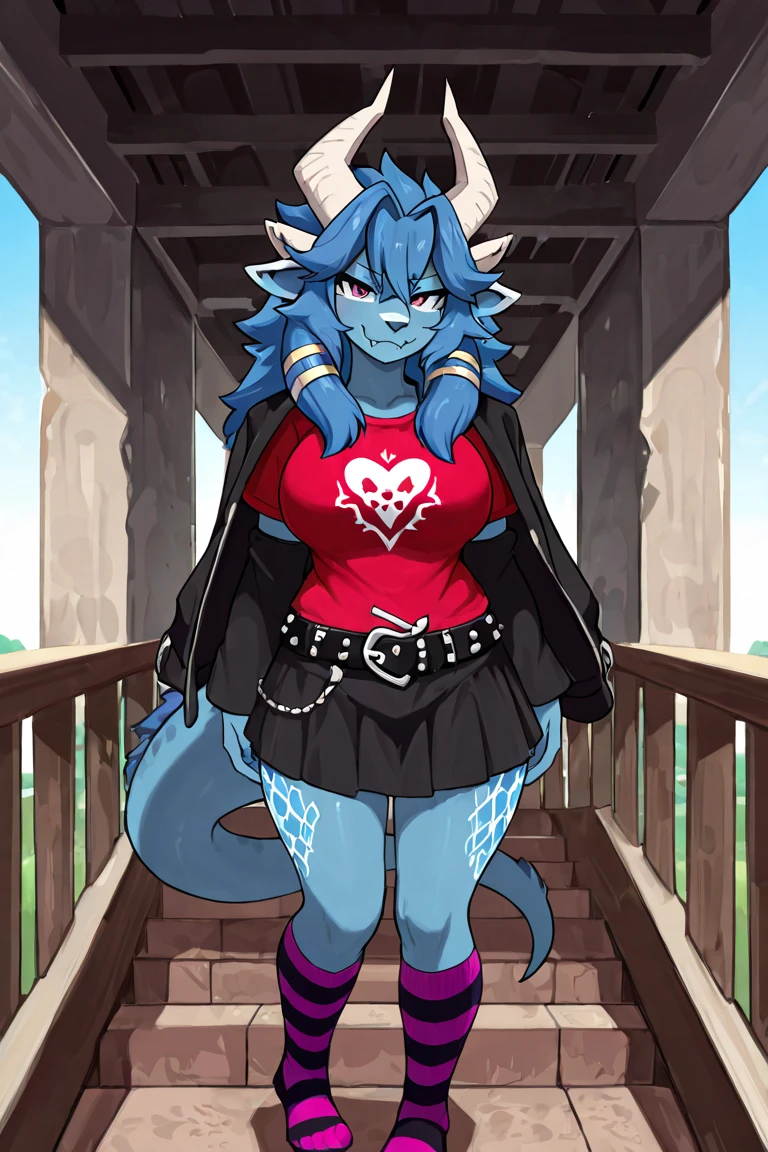 1girl in town, (art by as109), solo, thighhighs, chainmail, (cat girl:1.5), heart-shaped_pupils, pastel, (town:1.5), covered in slime, blue skin, large breasts, bandage shirt