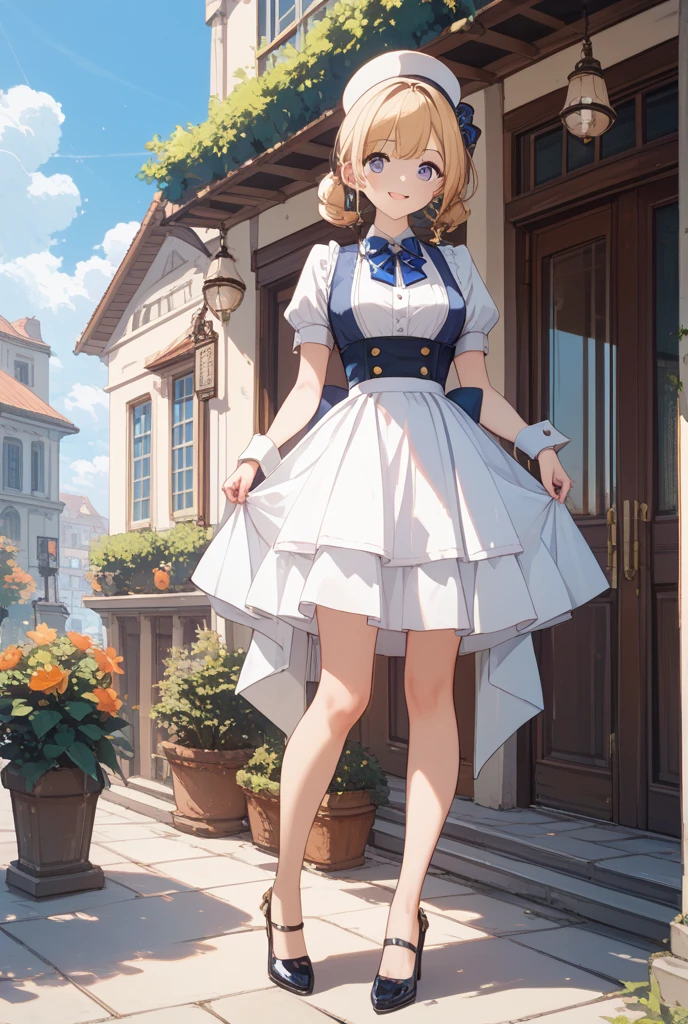 Lililukarde, Liliruka gets burned, , (Brown eyes:1.7), Brown Hair, (Flat Chest:1.2), Straw hat short hair,White sleeveless dress,Long skirt,Heeled Sandals,Walking,sunset,evening,The sun is setting,whole bodyがイラストに入るように,
break looking at viewer,whole body,
break outdoors, Building district,
break (masterpiece:1.2), Highest quality, High resolution, unity 8k wallpaper, (figure:0.8), (Beautiful attention to detail:1.6), Highly detailed face, Perfect lighting, Highly detailed CG, (Perfect hands, Perfect Anatomy),