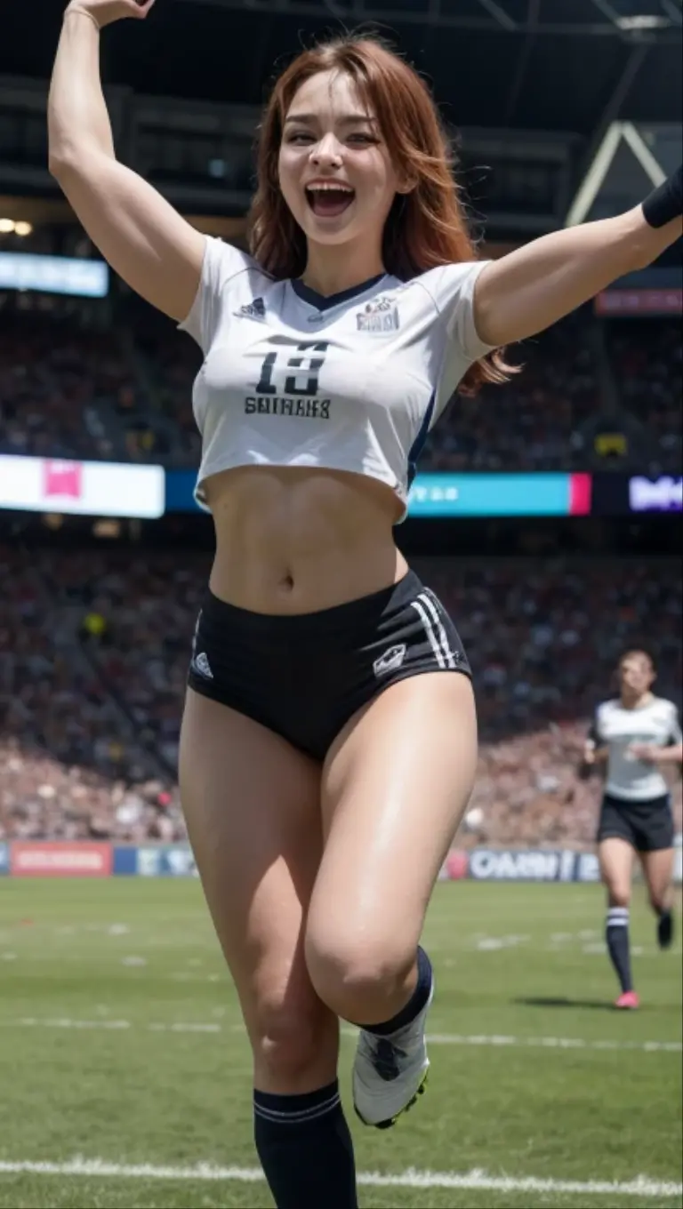solo, football girl, realistic style, low waist microshorts like panties, long ponytail, wristbands, flirting, sexy, narrow thin waist, sleeveless,, sexy pose, football stadium, photorealistic, read hair, add details on cloth, ultra realistic skin, realistic face, 8k, big eyes, beautylips, pretty face, italian face, football shirt, playing footbal, running, sweaty skin, 4 size breasts, competition, wet skin, beauty athletic legs