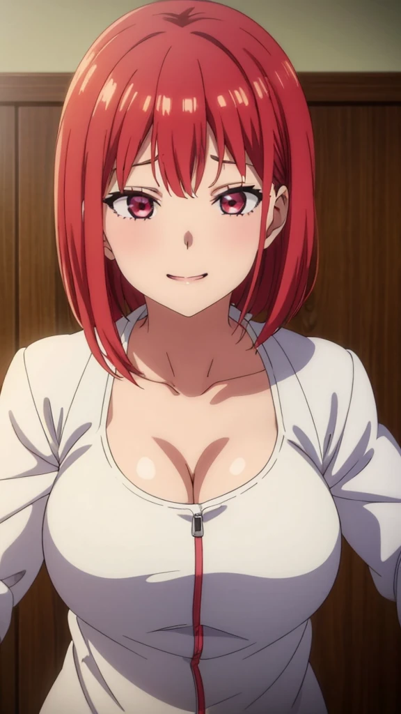 (Best Quality, masterpiece, High resolution, anime screen cap, anime colours), Orange hair, Nobara Kugisaki, Smile:1.3, (large full breasts:1.5), cleavage, (Thin fabric, Red Bra:1.8, no-bra:1.5, Red Underware:1.8), Slimed, Leaning forward, Upper body, Change room, (Perfect Anatomy, perfect detailed body, Eyes and hair in beautiful detail, Beautiful breasts and skin), armpits, armpits visible,