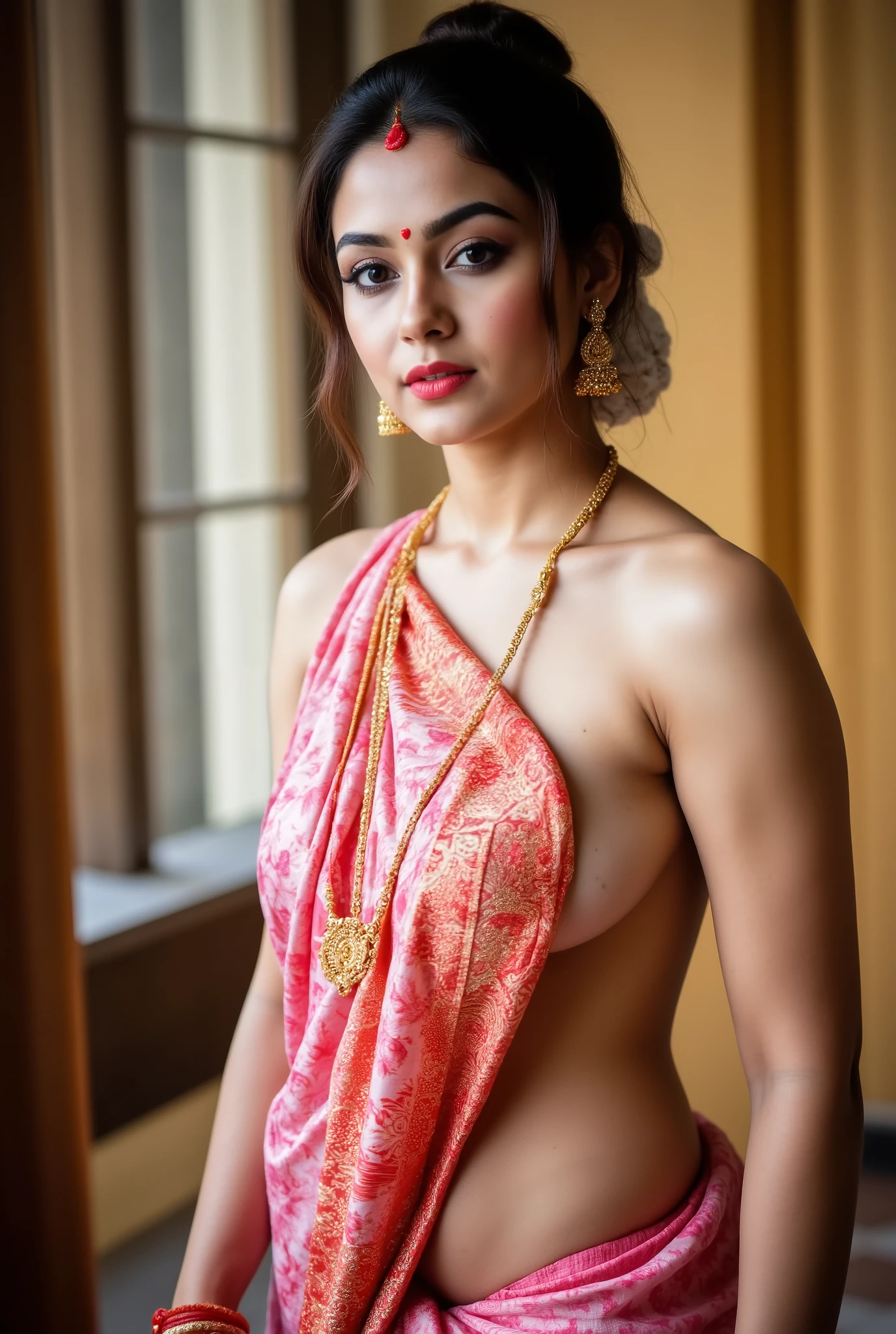 Sexy indian hot wife wearing a saree at hindu temple in daytime,with nothing and naked body and nipples covered with saree,she is so seductive and revealing her sexy figure and , wearing jewellery gold necklace and earring,and wearing red sindoor and bindi on forehead,so seductive looks eyes on camera,side pose