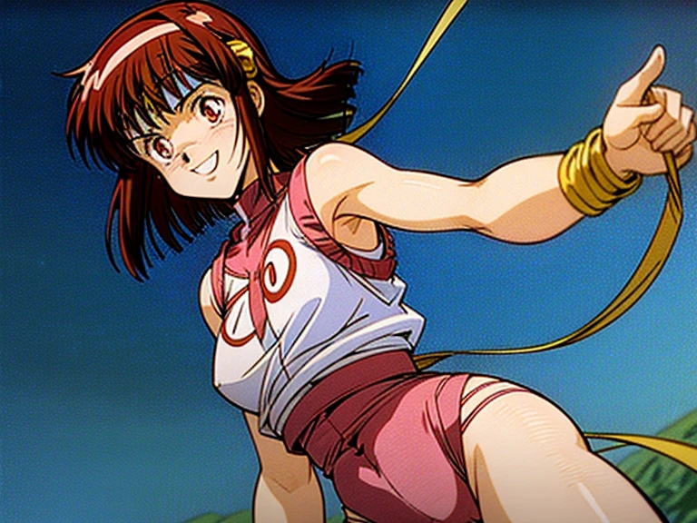 (highest qualityのmasterpiece:1.4),ruffle dress.anime,Doujin illustration,three size:B80-W58-H83, that'Trending on pixiv,Tabletop、masterpiece、highest quality、Beautiful woman、Extraordinary beauty,anime,Doujin illustration,Character Design:Illustrator Toshiyuki Kubooka,See pixiv trends,Aim for the top!,Gunbuster!,1 girl, alone, head band,Wearing a bandana and printing,Leotard underneath, Under clothes, background, simple background, bandana, Brown eyes,Mikimoto style illustration,smile,Under clothesのレオタード,(red.9.Pink 1,)belly button,happiness,good impression,she,we'we'we'we'We've been together for a long time,Noriko Takaya,1 girl, ?Medium Hair,brown hair,Brown eyes 心 Under clothes,smile,red gymnastics, short hair, Wristband,bangs, Cute face, hair band,wearing a bandana,smile, , Gunbuster!masterpiece,highest quality,alone