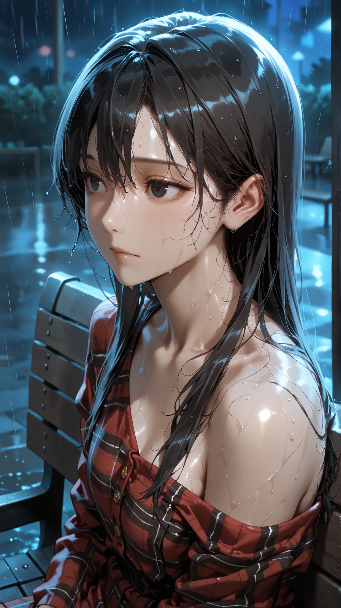 masterpiece, best quality, vibrant, very aesthetic, high contrast, semrealistic, newest, koreanai, best_quality, finely_detailed_eyes_and_detailed_face, (1 girl), solo, black_eyes, slim, athletic, long_hair, straight_hair, BREAK, completely_naked, red plaid dress, off_shoulder, BREAK, (wet clothes, wet_hair, wet_skin),BREAK,, BREAK, close up face, ,looking_up, head over, portrait, focus_on_face, sitting_on_bench, rain, dark, night , black_hair