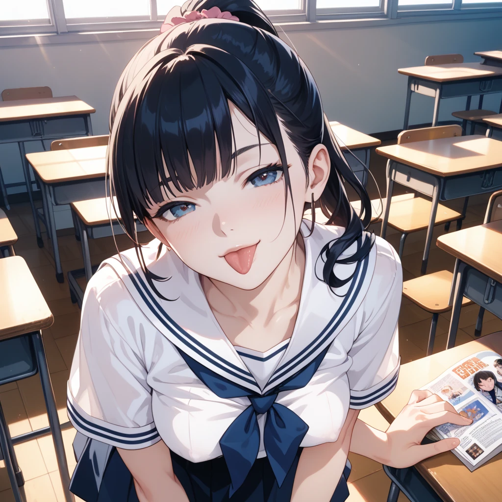 1girl, sitting, hand on desk, arm in front, arm up, open hand, spread fingers, (head tilt), smile, 15yo,
classroom, indoors, school chair, school desk, (low twintails girl), low pigtails, red ribbon on hair, very long black hair,
navy-blue collar, white serafuku with blue ribbon, navy-blue skirt,
(dark brown eye), afternoon, summer,
school,
(from front:1.4), upper body,
anime, high brightness, detailed face, detailed eyes,
(high quality, ultra detailed, masterpiece, FHD), good hands, good fingers