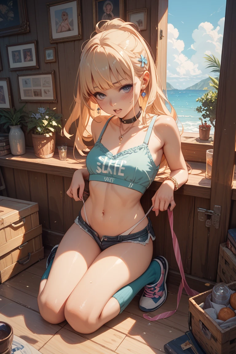 Top image quality、8K picture quality、hightquality、Detailed picture、1girll、独奏、Full Body Marie Rose、A smile、Embarrassing、red blush、Small plump breasts、(Sheer body))、(Shiny metallic)、((Micro bikini with small dark blue fabric area))、(Lower breast)、highleg、(Stick hard into the crotch)、((Crouching Rider))、(((open legs widely)))、protrude your hips forward、((Black High Socks))、Brown loafers、gaze at viewer、Facing the viewer、(Keep your feet open to your audience)、white thighhig、Stone corridor、Professional Lighting、Frontal shot