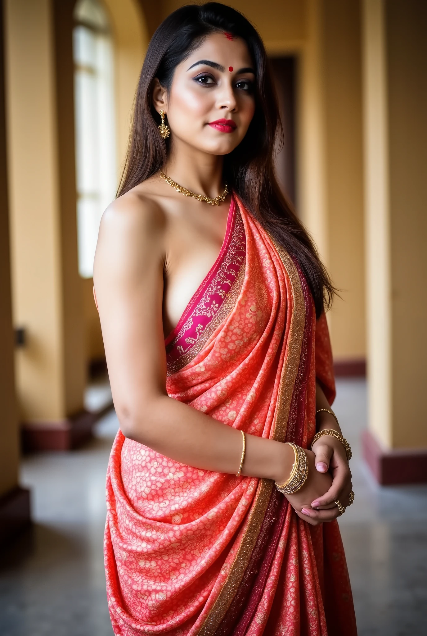 Sexy indian hot wife wearing a saree at hindu temple in daytime,with nothing and naked body and nipples covered with saree,she is so seductive and revealing her sexy figure and , wearing jewellery gold necklace and earring,and wearing red sindoor and bindi on forehead,so seductive looks eyes on camera,side pose