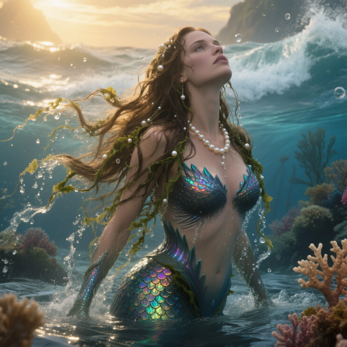 ((Dark fantasy movie style)), retro, dark realistic, vintage movie,  a mermaid calling pirates to enter the water 