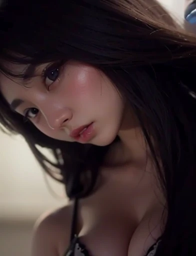 best qualtiy,tmasterpiece,超高分辨率,(realisticlying:1.4),RAW photogr,1eldritch girl,bshoulders,in the darkness nigth,deep shading,low tune,Cold light nudity,tear-mole,onbed,lying down,onbed,No clothing,Condescending,The chest is not covered