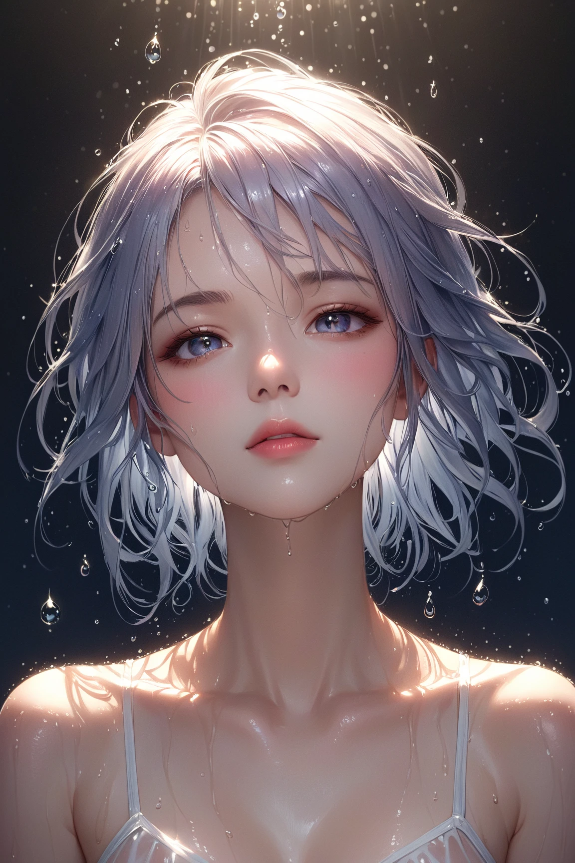 Surrealism, 8k, super detail, UHD, retina, masterpiece, super detail, high details, high quality, best quality, highres, 1080P, HD, 8k, perfect human anatomy, anatomically correct, mature girl, blushing, 1girl, cute, scrunchie, medium hair, white hair, rooty middle part, white eyes, white skinned, expressionless, no expression, lovely, medium breasts, nude, completely nude, close up, sweating, very wet, sweatdrop, soaked body