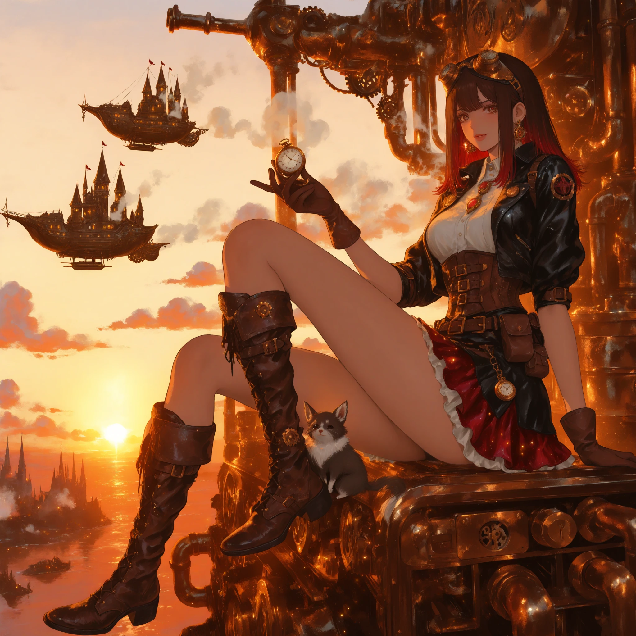 there is a woman sitting on a wall with a clock and a giant clock, steampunk beautiful anime woman, a steampunk beautiful goddess, 2. 5 d cgi anime fantasy artwork, anime fantasy artwork, steampunk pin-up girl, steampunk fantasy style, beautiful alluring anime woman, girl with warship parts, a beautiful fantasy empress, mechanized valkyrie girl, anime epic artwork