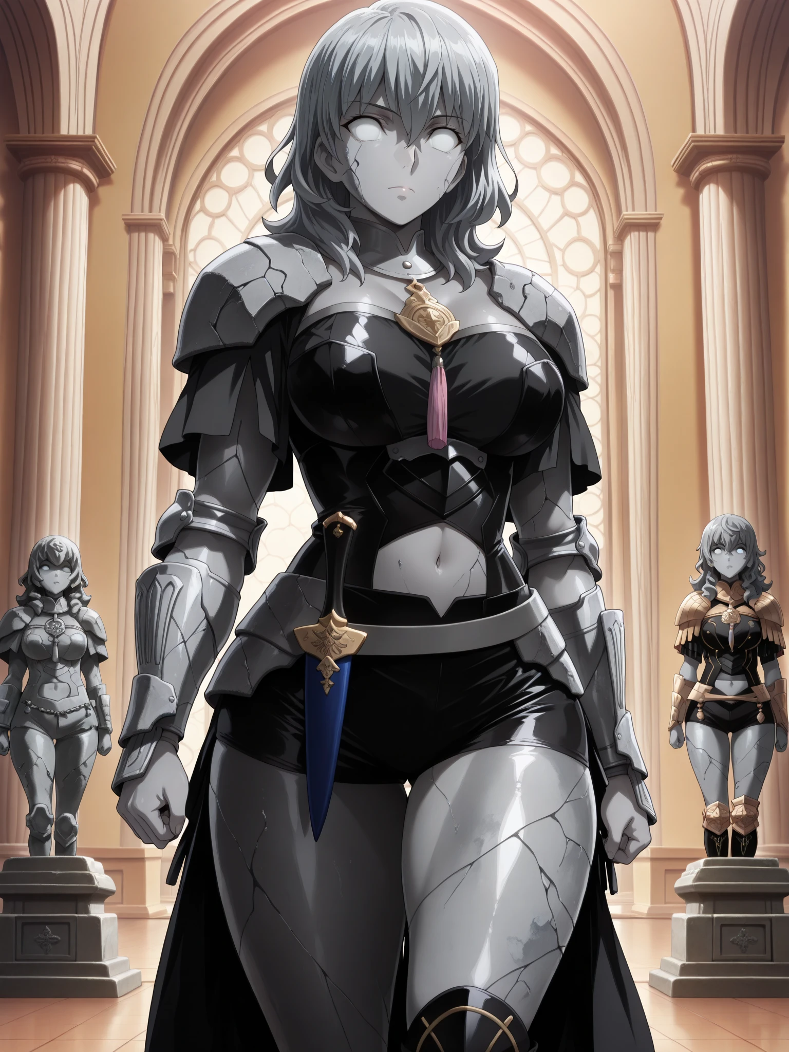 Iron bikini armor, iron crown, bare belly, big breasts, black hair, red eyes