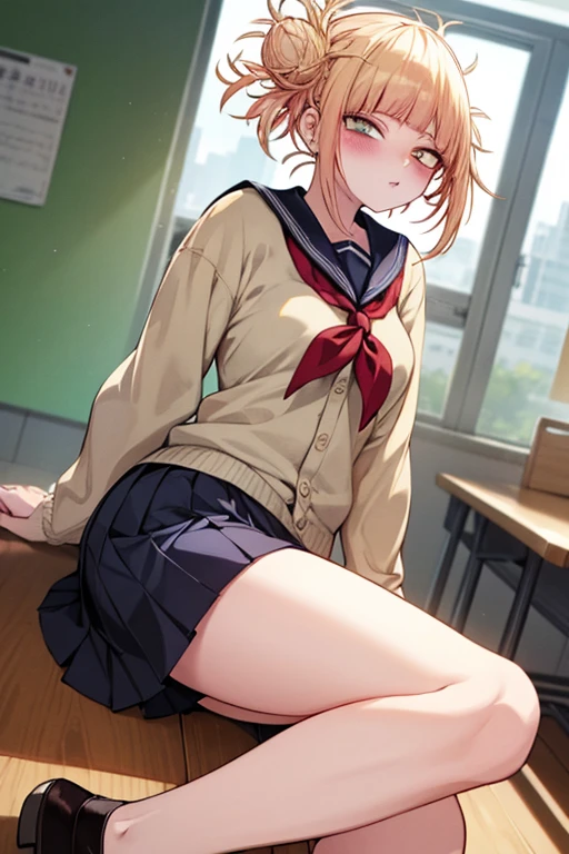 (masterpiece, top quality, best quality, official art, beautiful and aesthetic:1.2), (1girl),upper body, extreme detailed,(fractal art:1.3),colorful,highest detailed, ichikanakano, ichika nakano, short hair, bangs, blue eyes, hair between eyes, pink hair, BREAK skirt, shirt, , white shirt, short sleeves, pleated skirt, shoes, socks, collared shirt, bare foot, detailed feet, toes, feet, sweater, white socks, green skirt, loafers, clothes around waist, BREAK looking at viewer, BREAK indoors, classroom, pov from feet, (masterpiece:1.2), best quality, high resolution, unity 8k wallpaper, (illustration:0.8), (beautiful detailed eyes:1.6), extremely detailed face, perfect lighting, extremely detailed CG, (perfect hands, perfect anatomy),