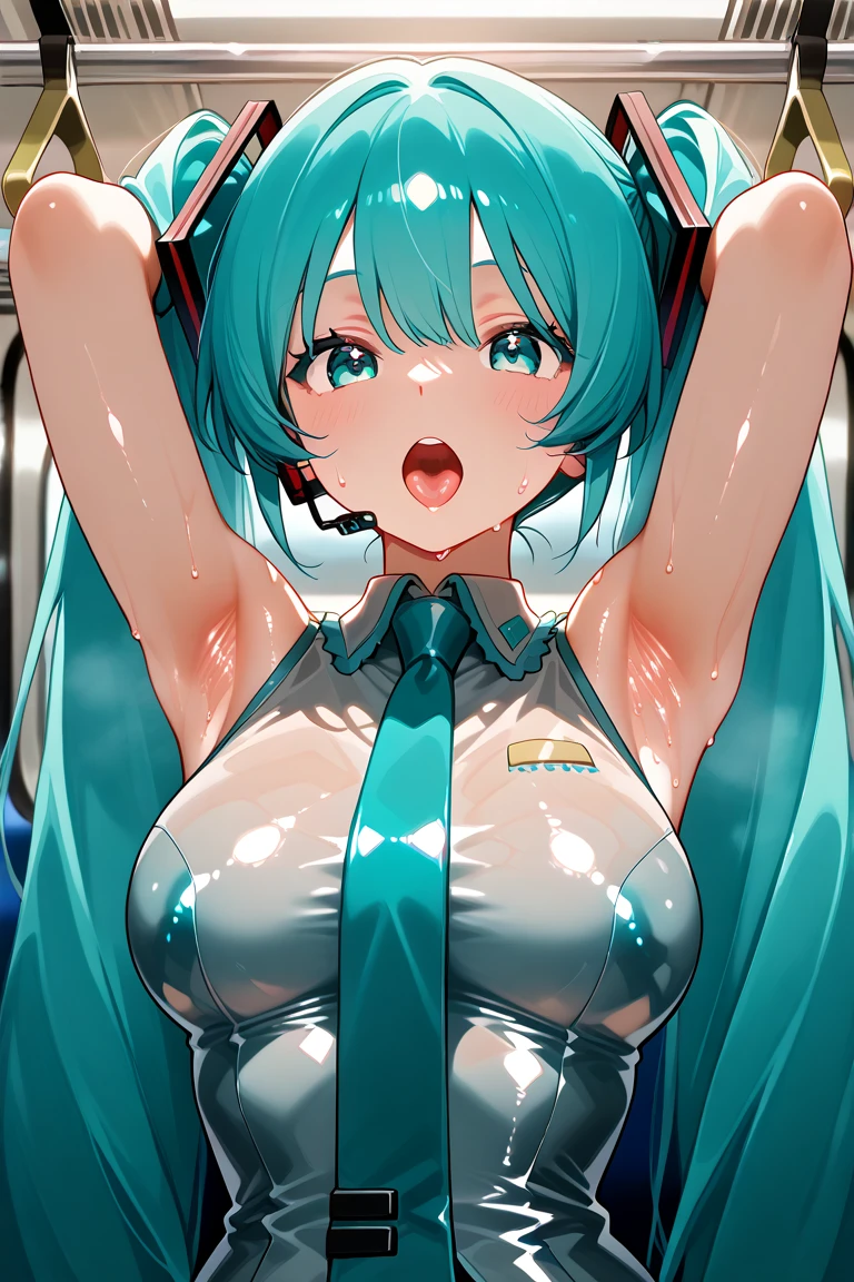 hatsune miku, aqua hair, twin talls, large breasts,, Live Stage, uniform, solo nipple skirt 