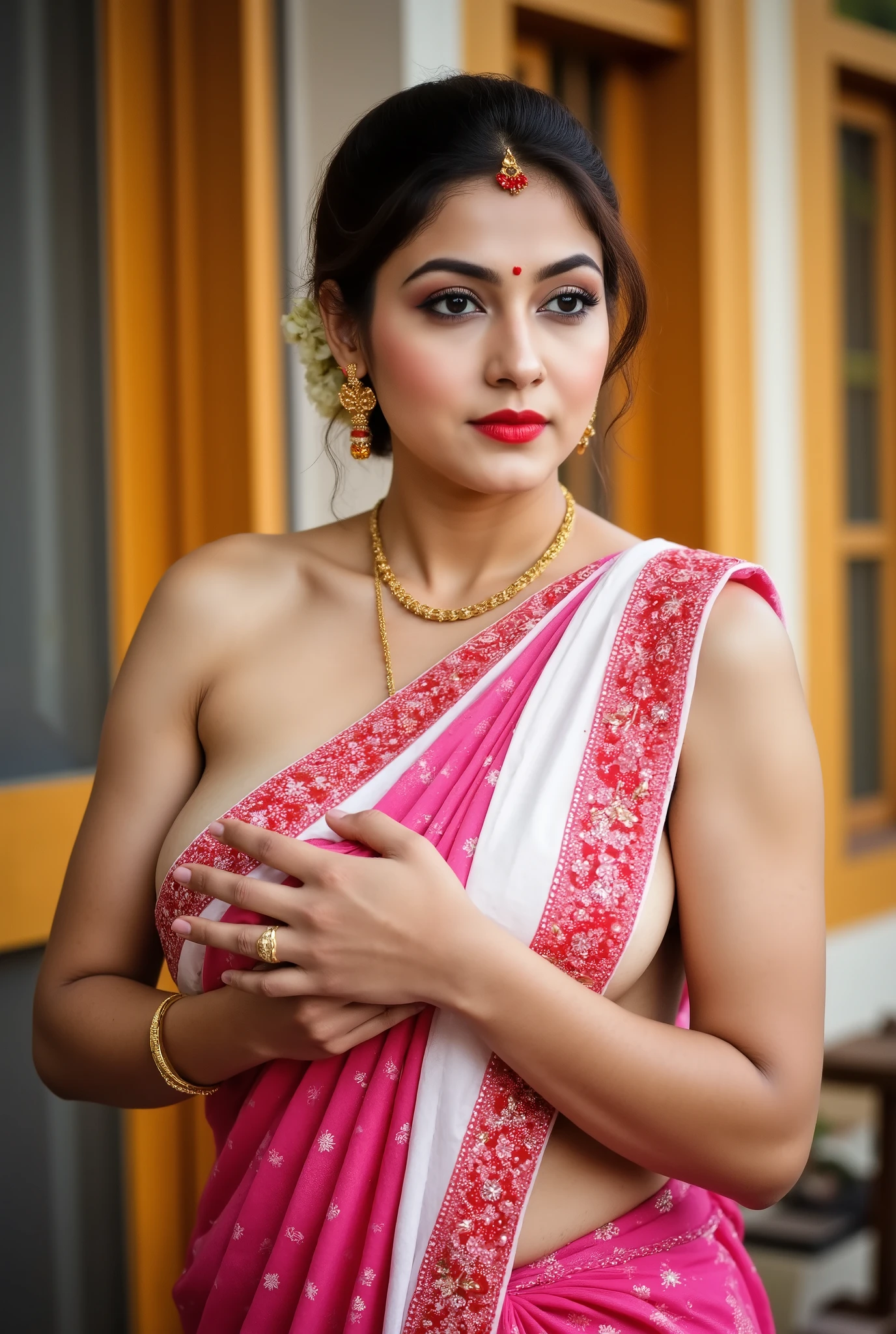 Sexy indian hot wife wearing a saree at hindu temple in daytime,with nothing and naked body and nipples covered with saree,she is so seductive and revealing her sexy figure and , wearing jewellery gold necklace and earring,and wearing red sindoor and bindi on forehead,so seductive looks eyes on camera,side pose