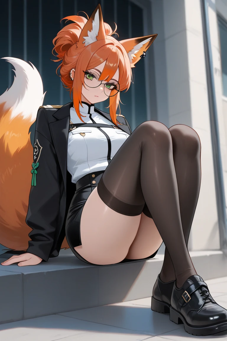 anime girl, 1 person, orange hair, glasses, Crown,maid,fox ear, Fox's tail, front view, big breasts, tights, sitting on desk,exposed chest, underwear, maid suit, shy, blushing, lifting skirt , bright sky, sitting cross-legged, high heels,exposed chest, underwear, middle-aged women, blushing, lifting skirt, showing off underwear, (full HD 4K+ image