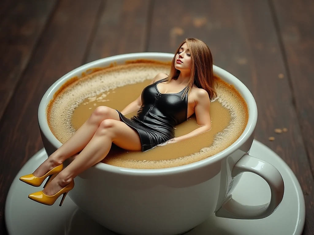 <lora:Women_on_cutlery:1> minigirl, a woman inside a coffee cup on a desk