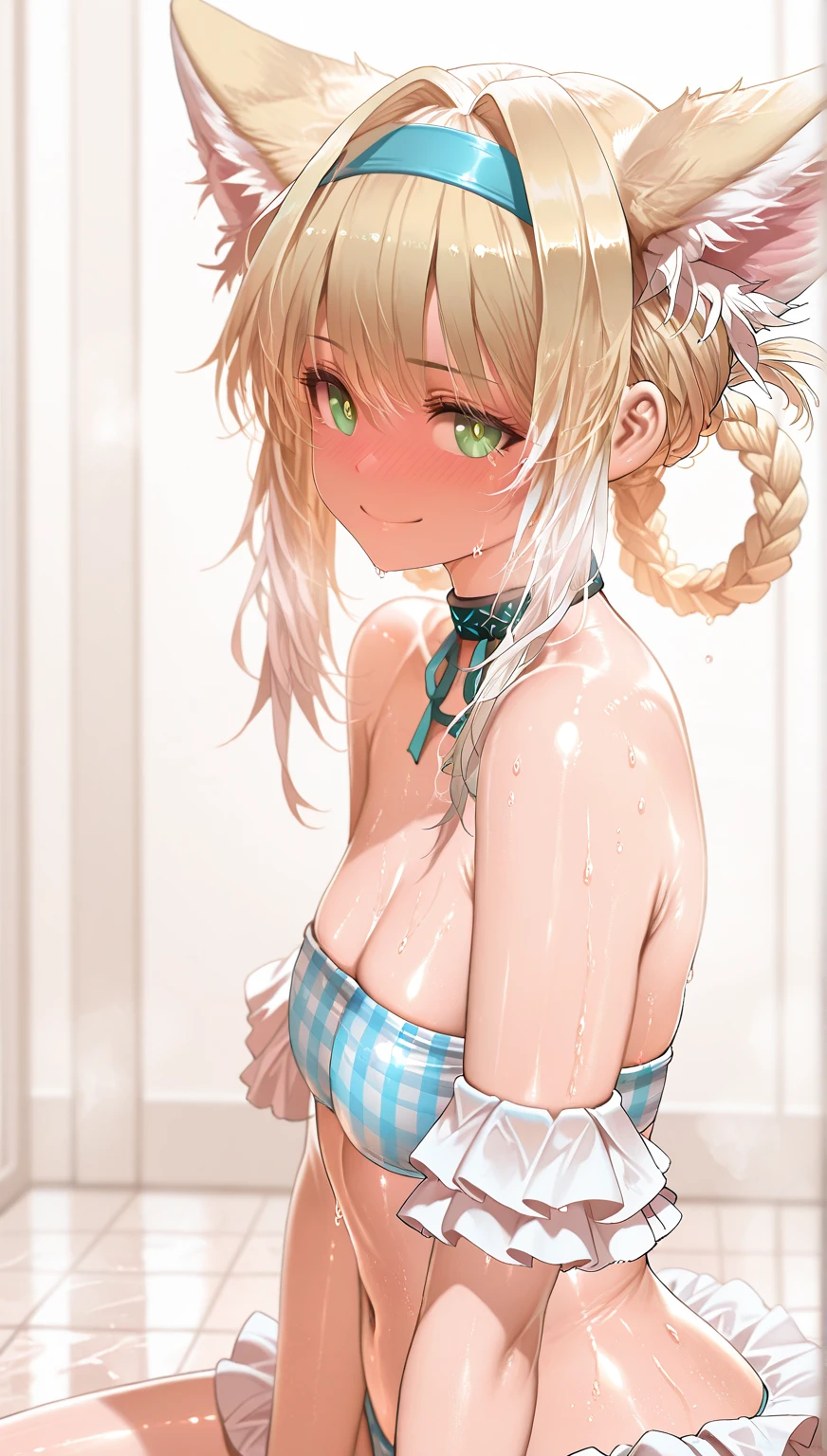 blonde hair、length hair、Twin-tailed、Braids、brown-eyed、8K、hightquality、masterpiece、top-quality、hard disk、A highly detailed、Stereoscopic lighting、Photorealsitic、a smile。a wet body、Wet with rain、Shiny body、oiled body、Oily body、shot from a side angle