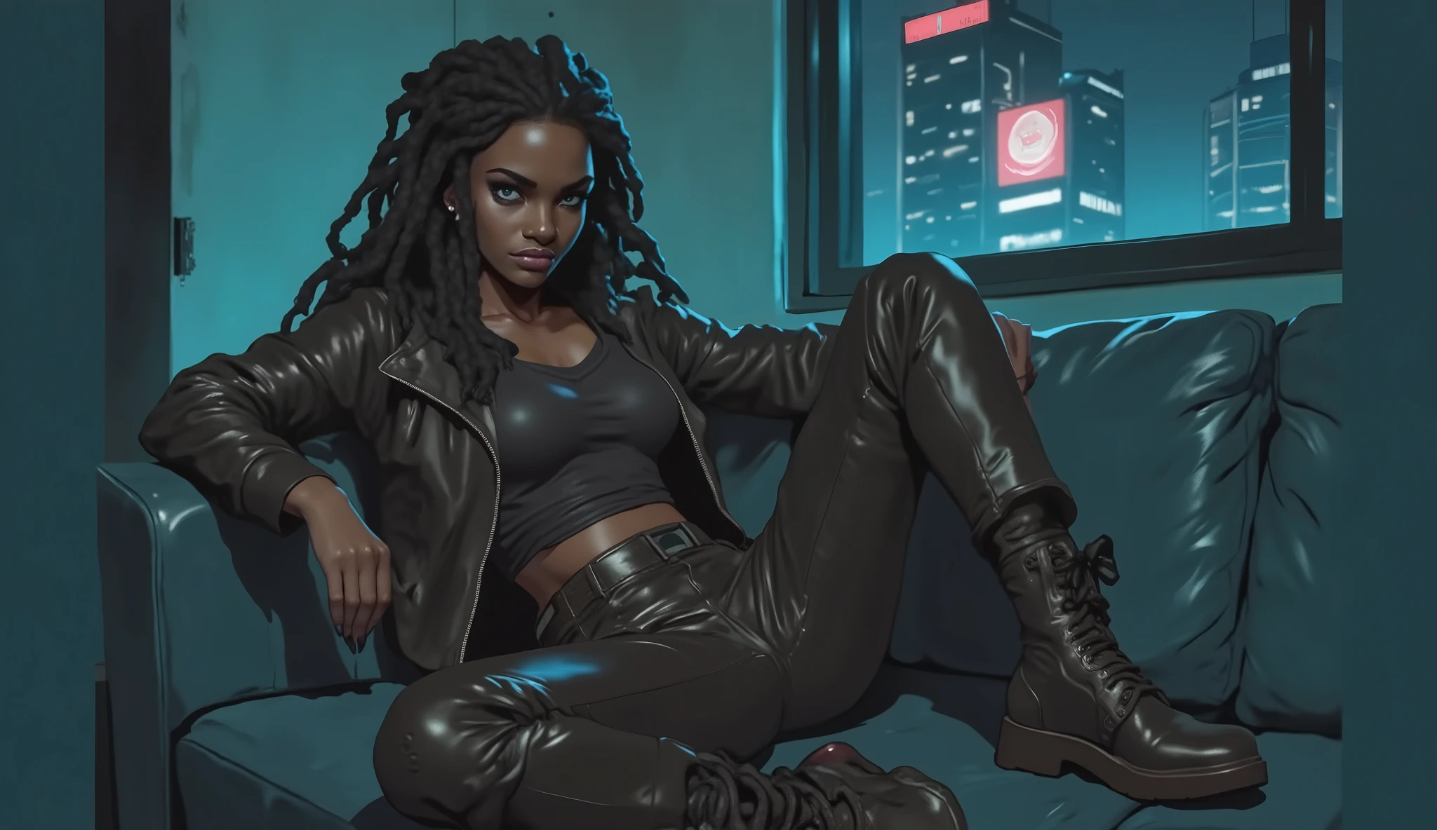 anime BLACK girl with dreadlocks sentada em um sofá ao fundo uma night club cyberpunk anime, afrofuturism anime, official character art, vixen, female cyberpunk anime BLACK girl, cyberpunk anime art, fox, cyberpunk anime girl, official art, cyberpunk anime girl in hoodie, alphonse musha, anime cyberpunk art, digital cyberpunk anime art, cyberpunk angry gorgeous goddess, official character illustration