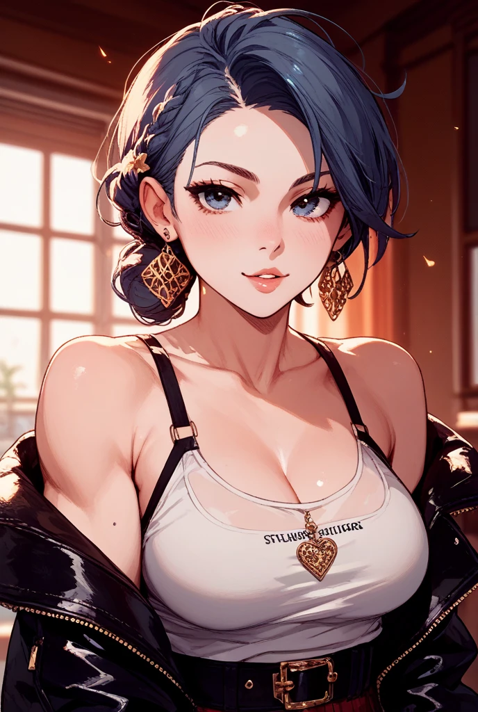 MarieK,short blue hair,ear piercing,hair over one eye,freckles,black eyes,makeup,
standing,smiling, upper body, ,black wristbands,midriff,belt,
picket fence,morning, solo, flashing busty breasts
(insanely detailed, beautiful detailed face, masterpiece, best quality)