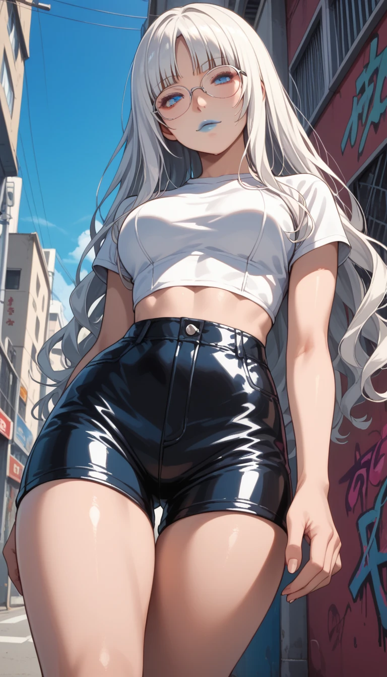 masterpiece, best quality, <lora:isekaisophia:0.6>, 1girl, solo, long hair, grey hair, hair over one eye, hair ribbon, yellow eyes, (scar on face:1.2), medium breasts, black collar, skull hair ornament, sweater, jeans, thighhighs, garter straps, ass focus, standing, cowboy shot