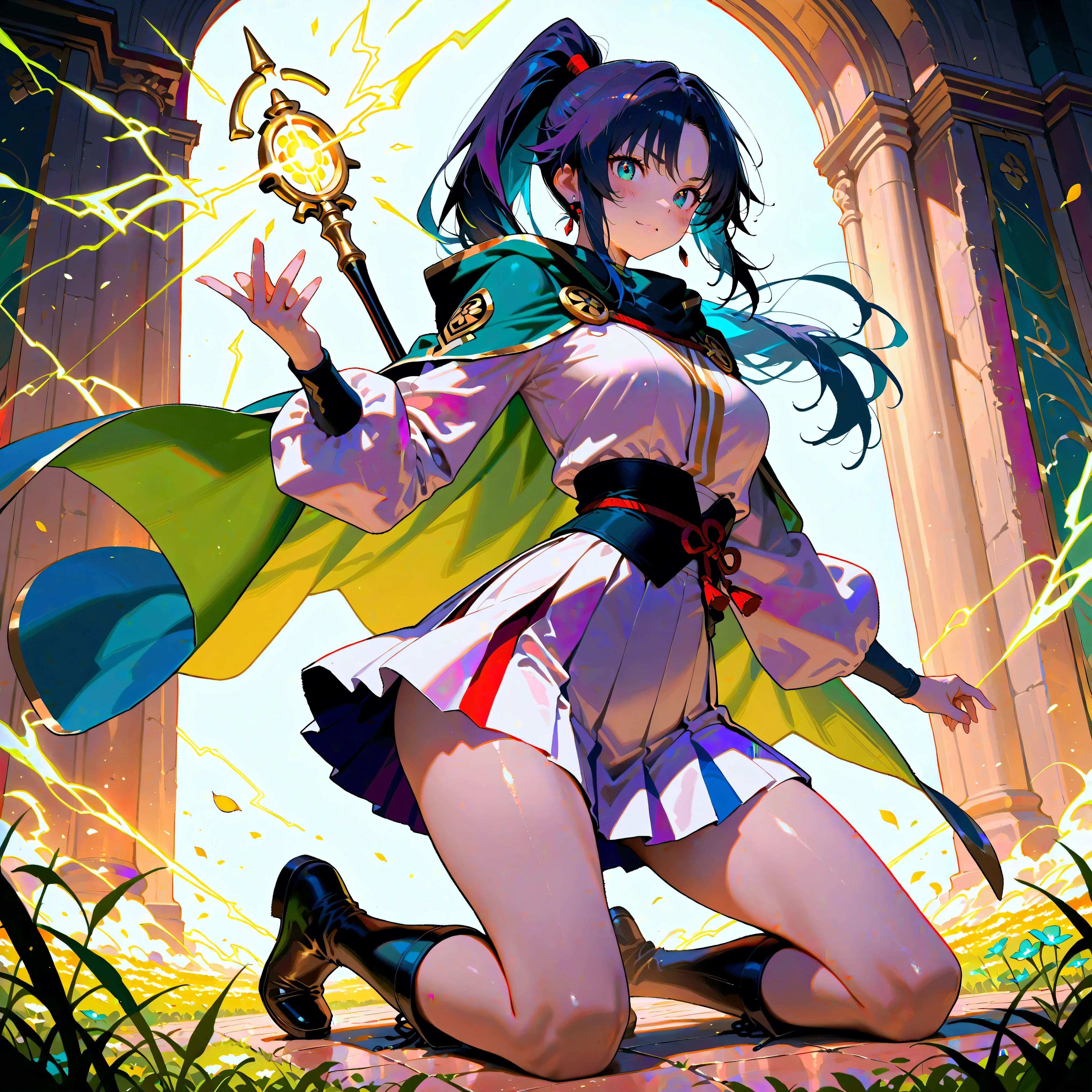 (dynamic angle:1.3, front view:1.1, breast focus:1.3, from below:1.3), (((Masterpiece))),(((Super Detail))),(((in 8K))),(((best composition))),(((Rim lighting,Fireglow effect,deep shadow))),solo),Beautiful fingers,Detailed finger features,(Detailed hair features:1.7),(Dynamic and sexy bending pose:1.3),detailed facial features,detailed clothes features, (perky chest:1.1), (pointed chest:1.3), delicate beautiful face, Bright blue eyes, cute eyes, sparkling eyes, Big eyes, beautiful detailed eyes,(masterpiece), (best quality), detailed, 1 girl, soro, twintails, long wavy hair twintails.hairs between eyes,dark green eyes ,dark green hair, (magical girl:1.2), bow, dress, (pink:0.6), over legwear, boots, too many frills, too many bow, standing,striped panties.magical stick, mechanical stick, magic cercle, flying,