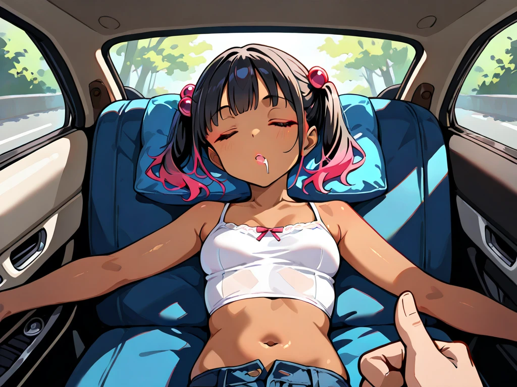 A topless girl with no underwear, a checkered skirt, erect nipples, short black hair, small breasts, and pale pubic hair is crying in disgust at the penis of a naked molester standing on a train, and is kneeling and holding it in her mouth