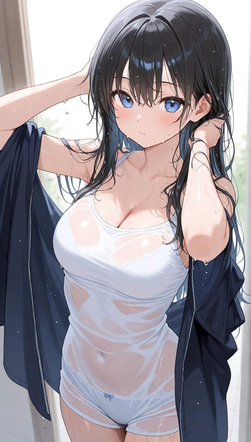 1 girl,Solo,front view from front facing viewer,medium hair,hair slicked back,dark blue eyes,wet hair,arm up, Hands behind head,bra,(medium breasts),(See-through shirt),(hand_in_hair),(cool girl),(tight),(Rose tattoo),(sharp blue eyes),(Silver earrings)