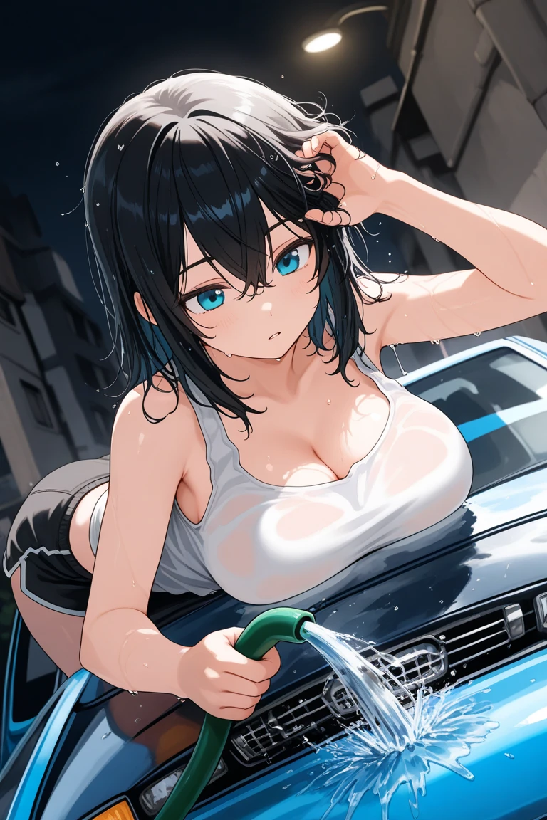 ((Masterpiece)), ((Highest quality)), ((Super detailed)), 
(Solo, 1 female with Incredibly Absurd outlook),
Oversized hoodie, tucked in,
Headphones covering the ears,
Standing on a dimly lit street,
Amidst the pouring rain outdoors,
Neon lights flickering in the background,
Short cut hair, slick from the rain,
Brightly colored eyes reflecting the neon lights,
Kneeling down, one hand in the pocket,
Mini skirt clinging to the hips, revealing a wet thigh,
Water droplets cascading down her face, leaving a glistening sheen