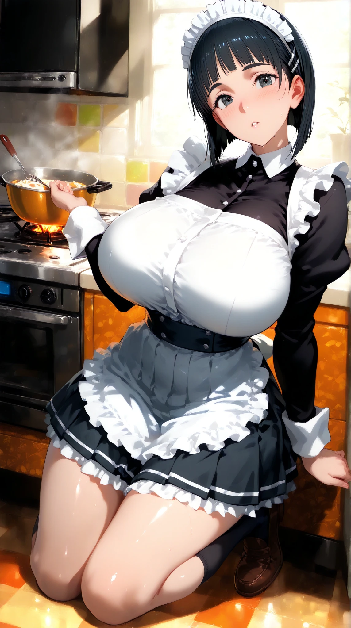 (Mature Woman:1.5), (mother:1.5), Ishtar, Fate Grand Order, (Absurd, 8k, 4K, Tabletop, Extremely detailed:1.2), highest quality, Perfect Anatomy,Perfect Face, High humidity, (alone:1.2), (Sweaty:1.3), shortness of breath, High humidity, humid, (Black Hair:1.1), Red eyes, Looking into the camera, (Very large breasts:1.5), Light clothing, apron, (kitchen;1.1), (Having a conversation:1.2), (Speech bubble:1.1), A kind smile, relief, peace of mind, mother性, Cooking, have a ladle, pot, pot-au-feu, Gentle look, nsfw, nude