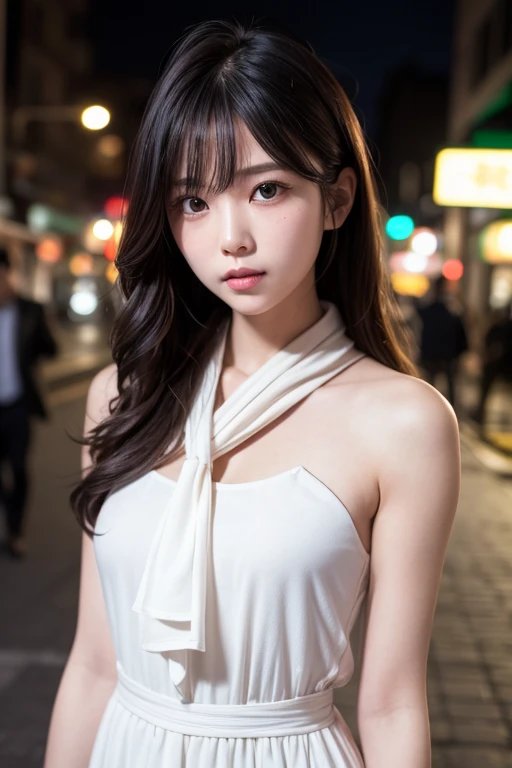 masutepiece, Best Quality, 8K, age:13. Teen, Raw photo, absurderes, award winning portrait, Solo, Night, neons, Idol face, violaceaess, gardeniass, Delicate girl, Upper body, Digital SLR, Looking at Viewer, Candid, Sophisticated, zora々Right, Thin arms, Professional Lighting, Film grain, chromatic abberation, (Eyes and faces with detailed:1.0), (Bokeh:1.1)、Pink blouse、tiny chest、cleavage、White pants