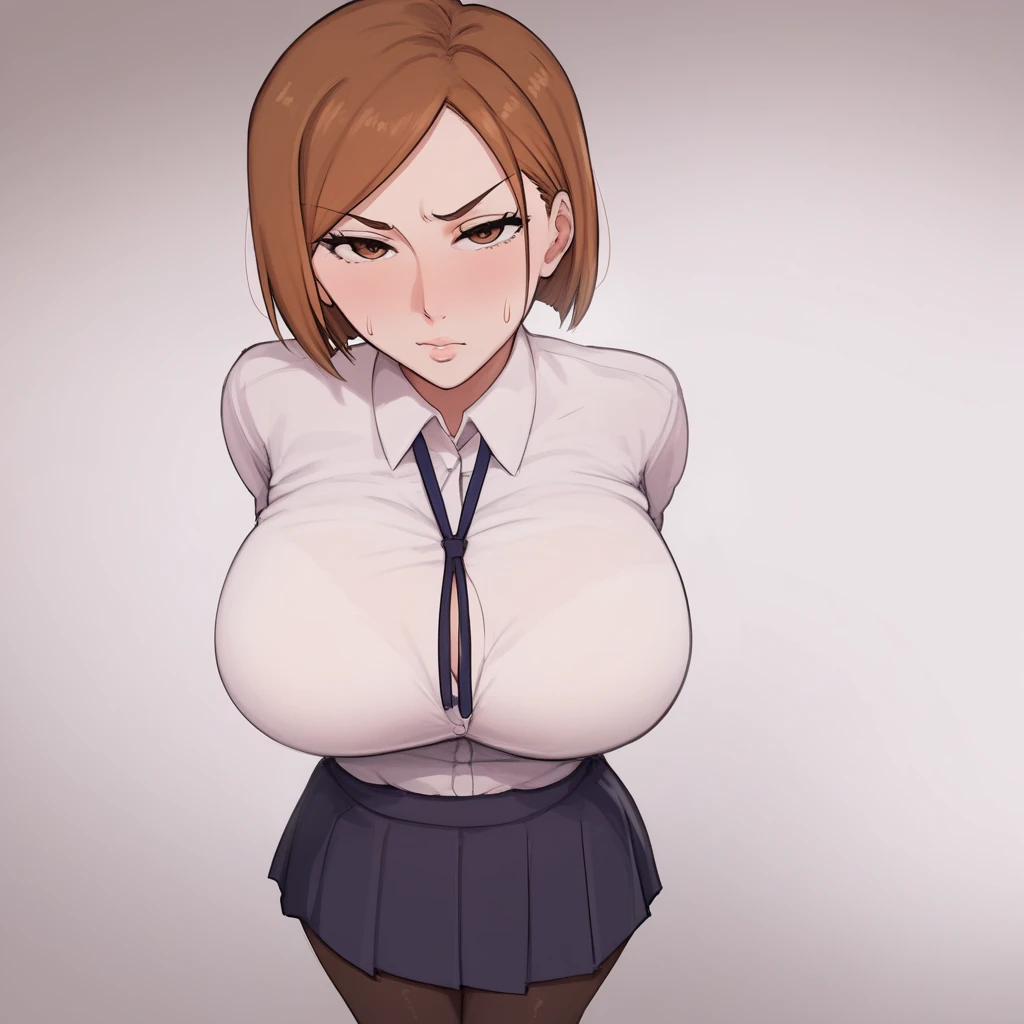 Helen Parr the "The Incredibles", Brown hair, red unbuttoned blouse , neckline, black denim pants, neckline, big breasts, sexy black bra, annoyed, POV incada in front of me, pov she gives me a russian to my penis, POV my penis between her breasts, POV she grabs her breasts, pov cum splashed on her face, POV masturbates my penis with her breasts, from above close, from above his head, POV penis comes out of my pants.