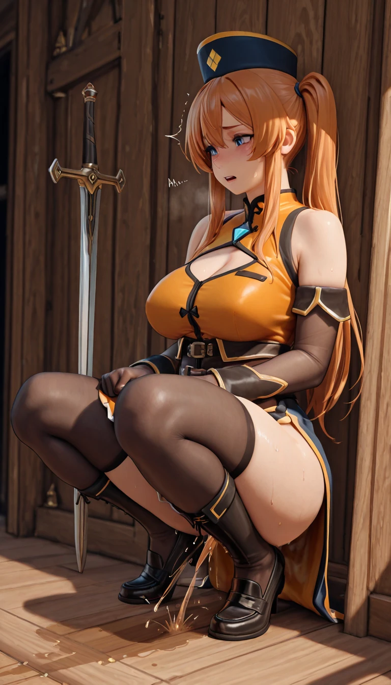 (1girl,full body,medium breasts,pale skin,pointy breasts,),(leather boots,leather gauntlet),((realistic:2,high resolution,best quality,masterpiece)),((extra long hair:1.2),blunt bangs,(extra light coppery red hair,highlight color),Straight hair,hair over one eye,hair blowing in the wind),((pool side),sunlight),(nsfw:-0.5,female masturbation,squatting,open legs,sweat)