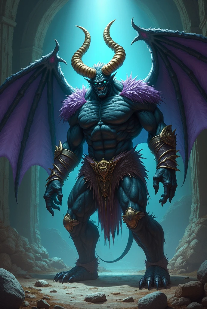 a gray-skinned demon, 3 meters tall, broken angel wings, white eyes and a charming smile, long semi-wavy black hair which is tied up in a bun, naked a big cock