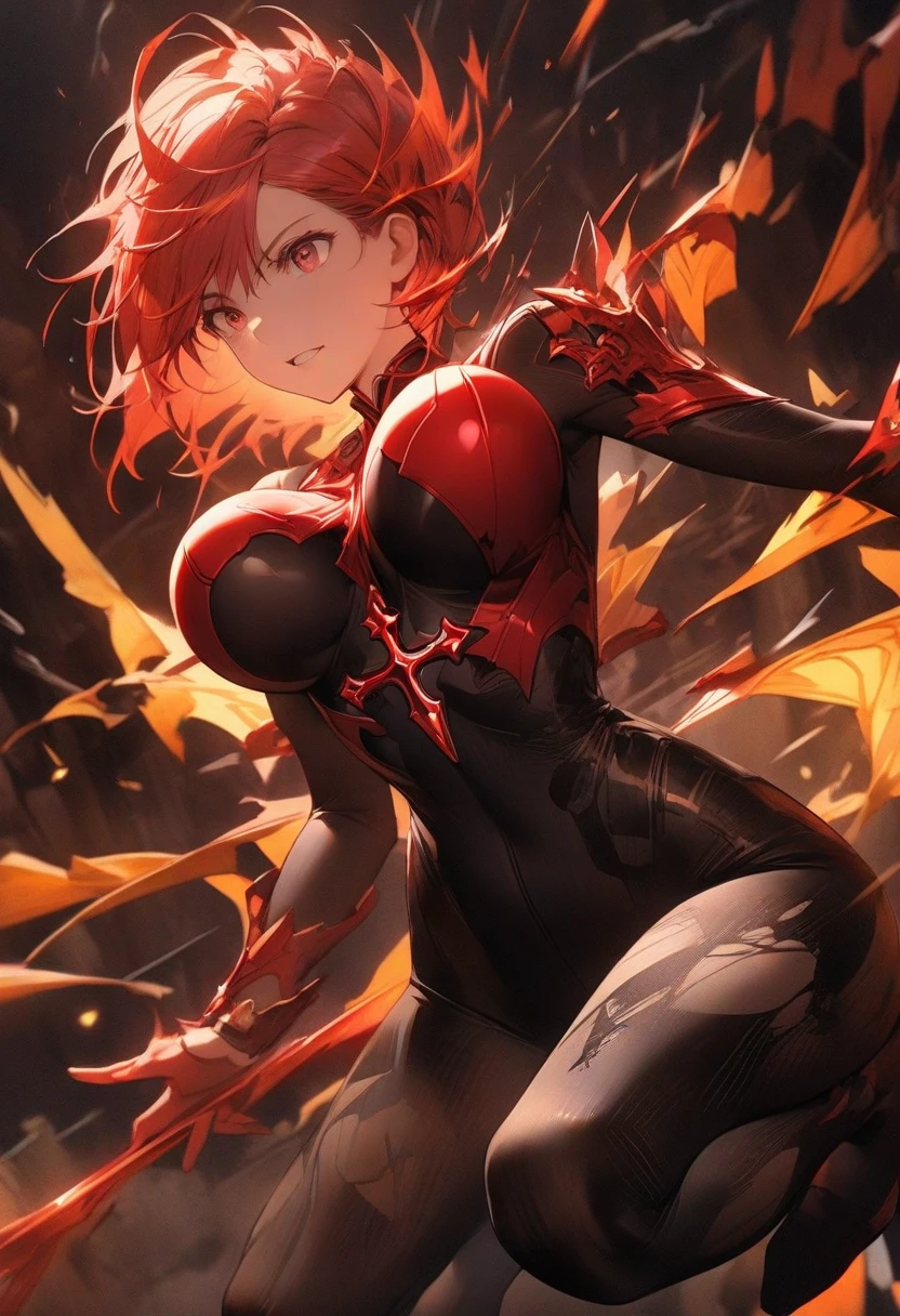 1girl,solo,super detailed skin,shiny skin,wet skin,expressionless ,eyelashes,lips gloss,red hair,bob hair,short hair ,large breasts ,bodysuit ,boots,fire punch,night city,masterpiece,best quality,ultra detailed,high resolution,sharp focus,depth of field