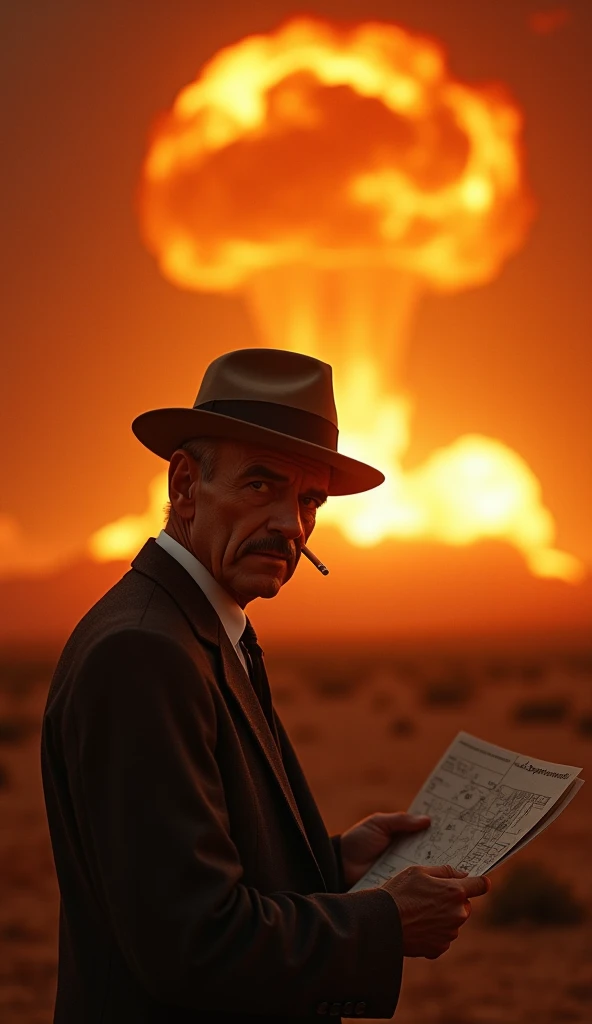Create Oppenheimer alone in front and behind him create an atomic bomb explosion. I want you to make him in a regular suit that he always wore., and on his head a hat matching his clothes.
I also want you to make him look like he's walking like in those secret agent movies where they walk slowly and coolly while he holds a cigarette ready to put it in his mouth., and make him head a little low to hide some of his face.
And in the scene I want you to not be able to see anything other than the huge bomb that explodes violently behind him., but I want it to be extremely realistic