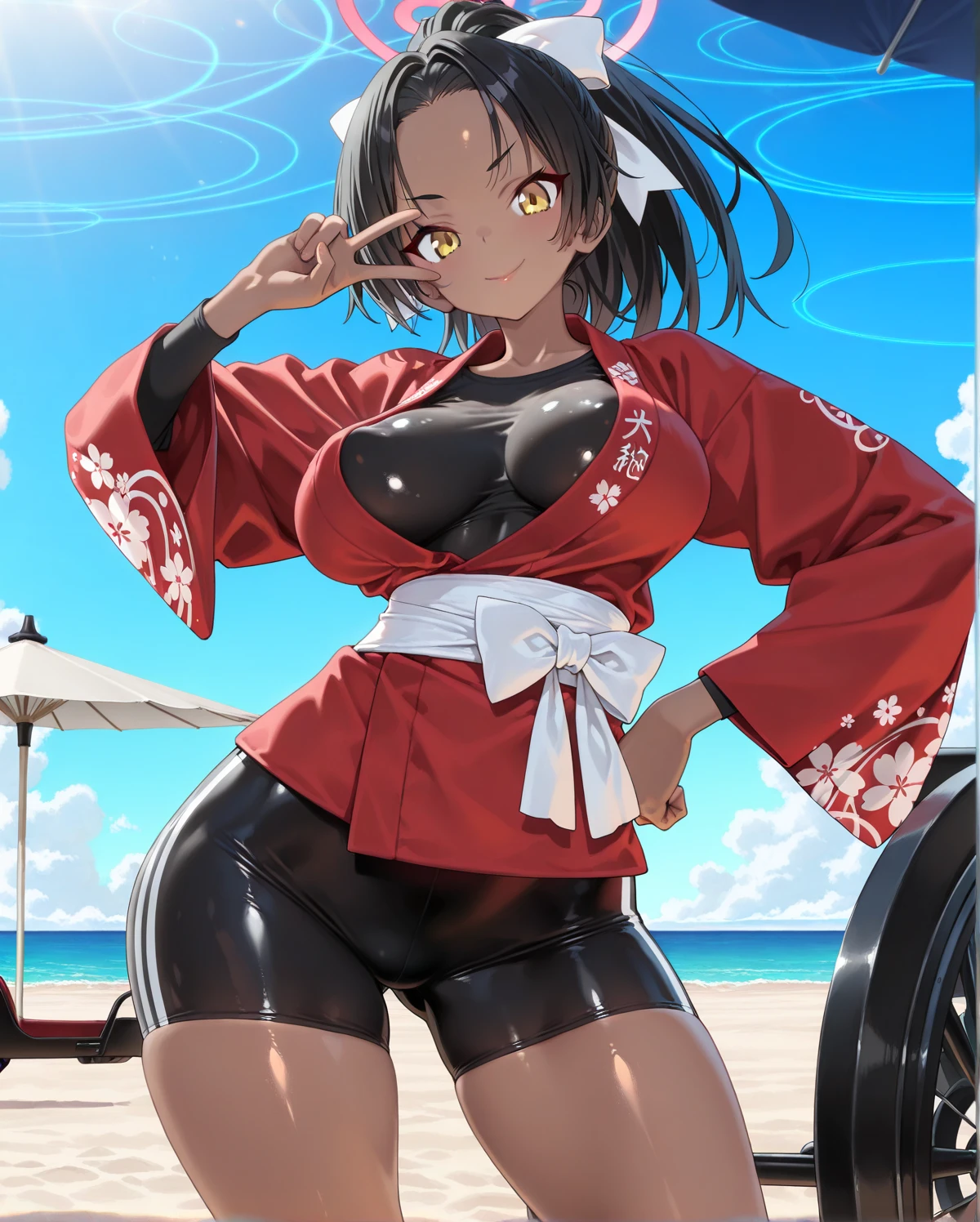 1girl, tan skin, tan, tan-skinned female, from behind, ass, ass focus, thong, panties, jacket, smile, smirk, smug, breasts, huge ass, ((huge ass)), thick thighs, mature female, milf, hourglass figure, black hair, very short hair, yellow eyes, forest, black jacket, ((black jacket)), hooded jacket, belt, military hat, cap, gloves, highleg, gun, black thong, spiked hair, pixie cut, ((highleg)), military jacket, bare legs