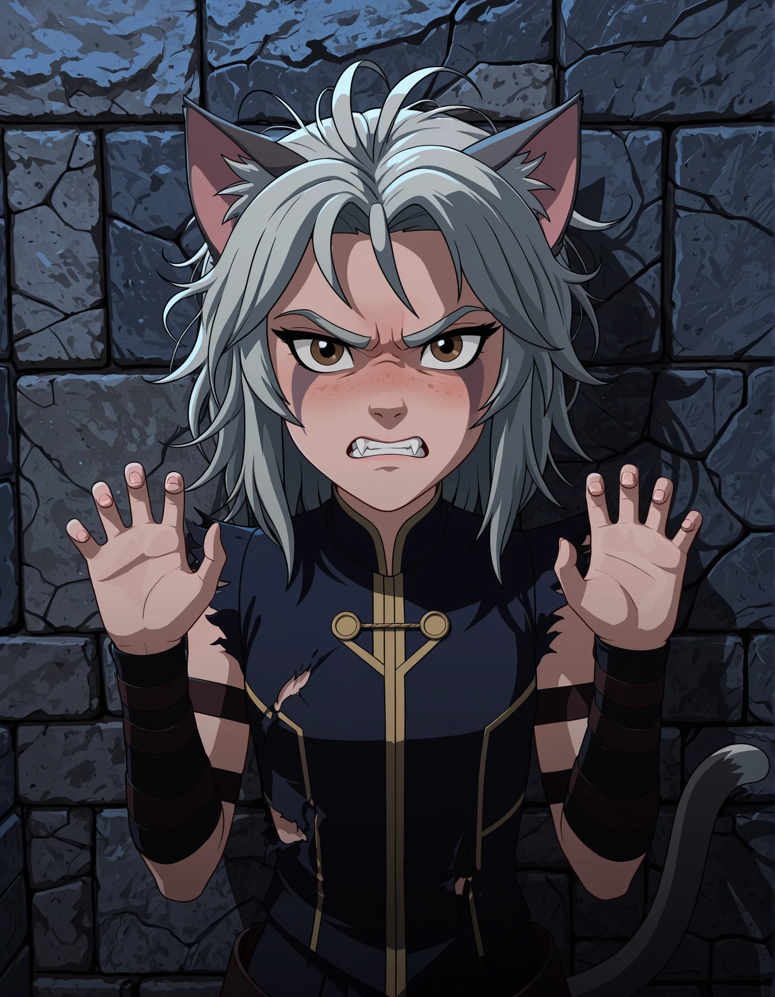 dr4g0n-style, 1girl, petite, (skinny and frail:0.7), cat girl, against wall, stone wall, brown eyes,looking at viewer, grey hair, medium hair, messy hair, angry, (scared:0.4), (open mouth:0.5), fangs, hands up, (tearing up:0.5), tail raised, torn clothes, straight-on, dark, night, outdoors, masterpiece,best quality, amazing quality,