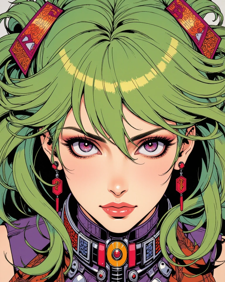 Beautiful girl fused with a snake. High quality. She wears a cyber-style kimono. body suit. A snake wrapped around the body. fearless smile.