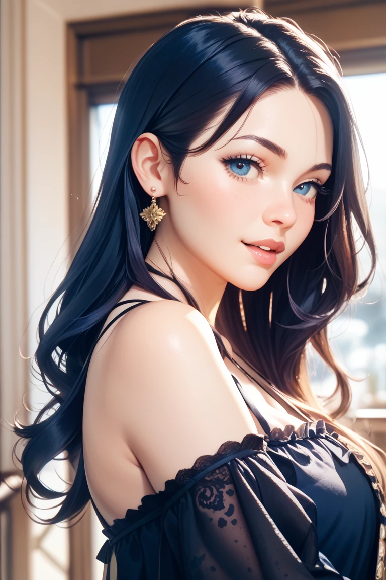 Teen, beautiful girl, long flowing hair, dark black hair, babyface, slender, graceful, blue crochet bra, showing cleavage, (seductive smirk), long eyelashes, photorealistic, piercing blue eyes, highest quality, 4K, 8k, highly detailed eyes and lips,