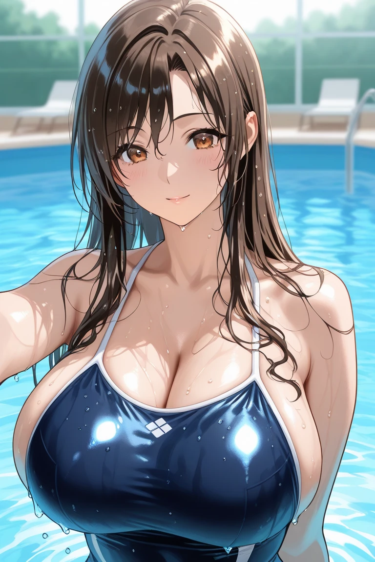 ((masterpiece)), ((Ultra quality)), ((super detailed)), ((high resolution)) ,((8k)), a beautiful woman, ((She is one of the most famous female Gravure Model in the world.)), unparalleled beauty, ((huge breast:1.6)), ((large ass)), ((deep cleavage)), slim waist, chest out, ultra detailed face, perfect skin, (((Hair that reaches down to the neck, Beautiful long, straight brown hair))), ((slant eyes, brown eyes, detailed eyes)), whole body image, sexy, an inviting smile, sensual, (((anime))), ((glamorous)), sexual attraction, ((26 years old)), ((incredibly beautiful woman)), ((The H cup bust)), ((sex friend)), (((Expensive string bikini))), ((beautiful breasts)), beautiful legs, 8 life size, anime, ((charm)), ((Half Japanese and half Russian)), ((Grown-up face)), Late night pool, ((Secret meeting)), Lust, Exuding sex appeal, ((((Swimming in a wide, deep pool)))), ((Provocative smile, wet)),