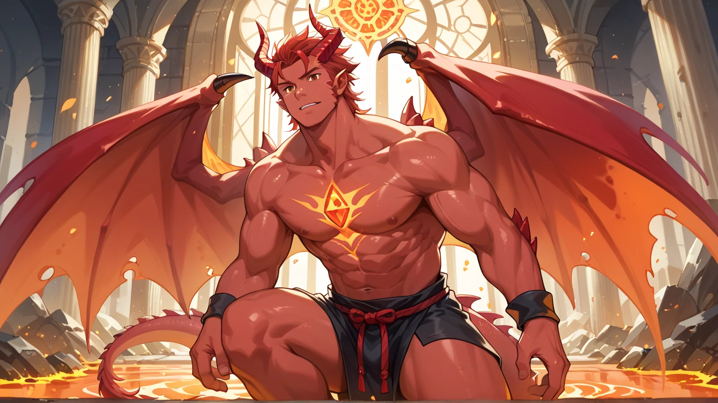 score_9, score_8_up, score_7_up, rating_explicit, source_anime, (cyth) best quality, masterpiece diablo, red skin, pointy ears, horns wearing flames jock (harness), jockstrap, male only, yaoi