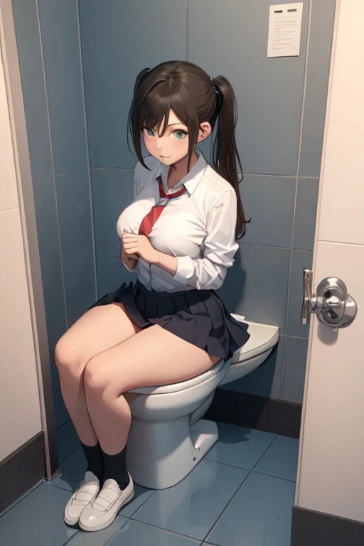 nsfw,suzune horikita,toilet,A full-body shot of a person sitting in the toilet,front,from the front,uniform,Red blazer,Hair ribbon, black knee-high socks,pull down pantie,looking away,Pee,Urinating,spread legs