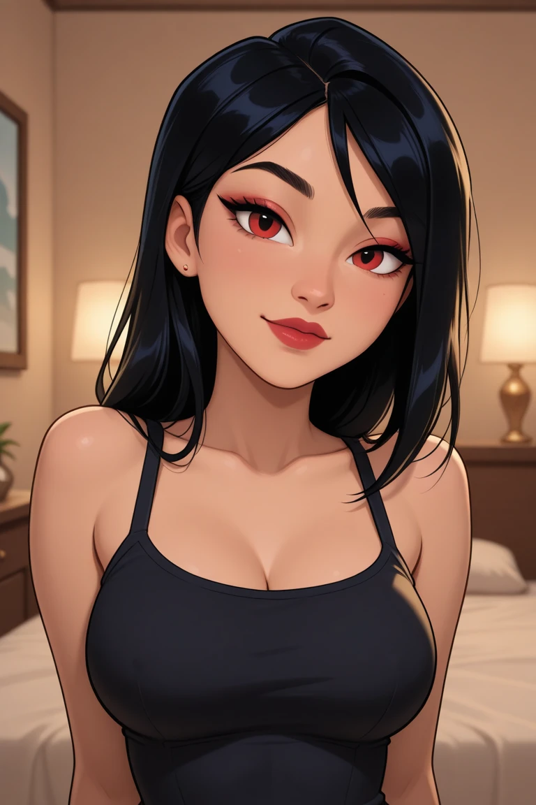 Amazing portrait of a sexy woman with her hair tied back in a high bun with her eyes emphasised by smokey eyeliner gazing at us seductively with her perfect lips parted wearing a red dress with black laces and fishnets