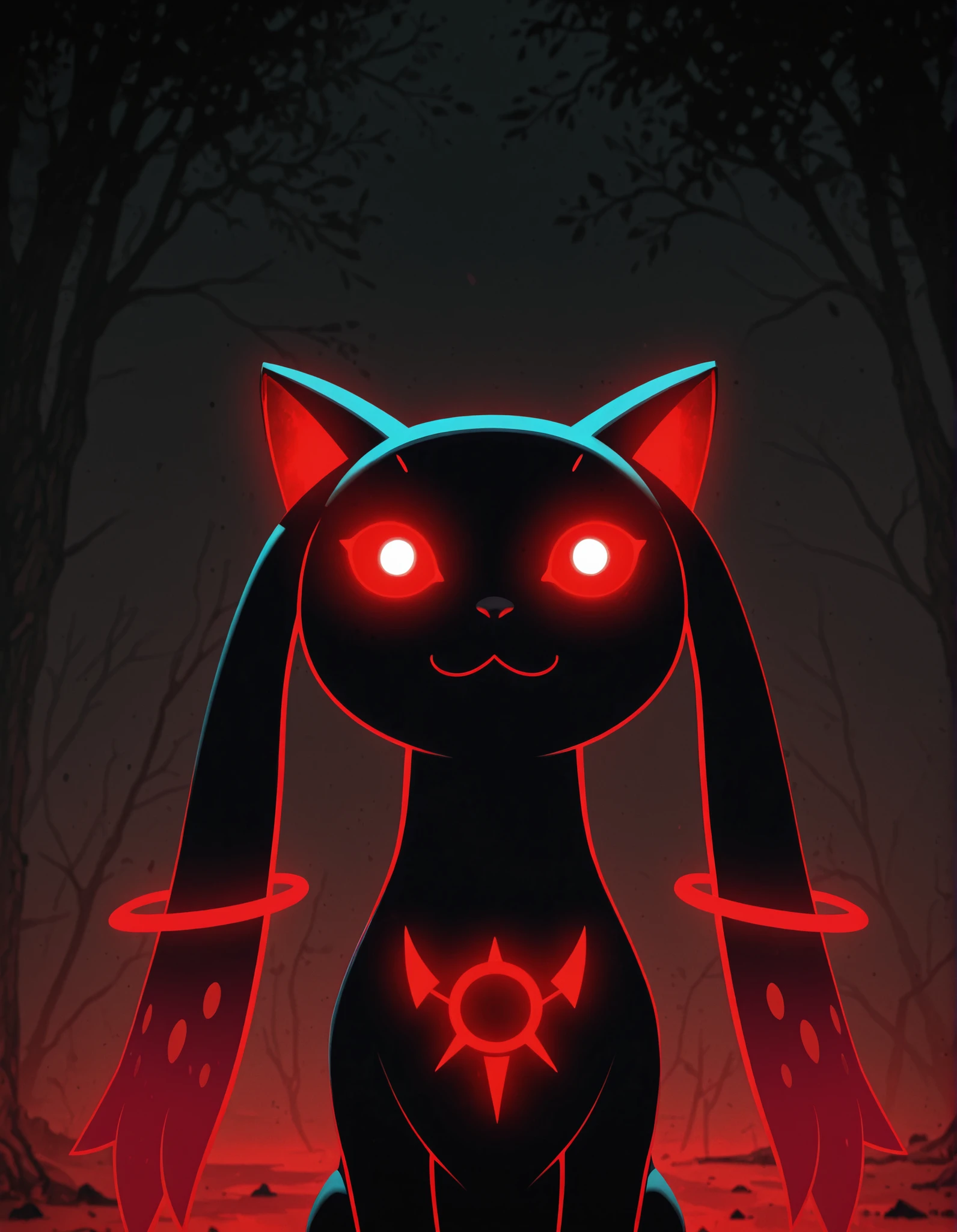 dr4g0n-style, solo feral kyubey, glitch creature, shadow creature, glowing eyes, half-length portrait, sitting, front view, BREAK, masterpiece, best quality, glitch, detailed background, ambient silhouette, depth of field, horror \(theme\), dark place, [:tree:0.15], red light, foggy, cult